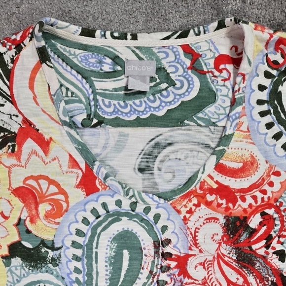 Chico's Red Green Zinnia Paisley Cotton Blend Slub 3/4 Sleeve Tee Boho Colorful - Picture 5 of 9